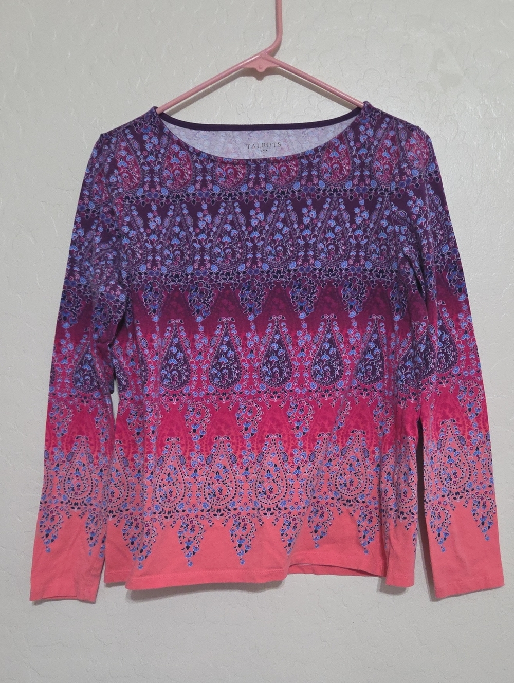 Talbots Women’s S Paisley Long Sleeve Top Pink Purple Cotton Stretch Boho